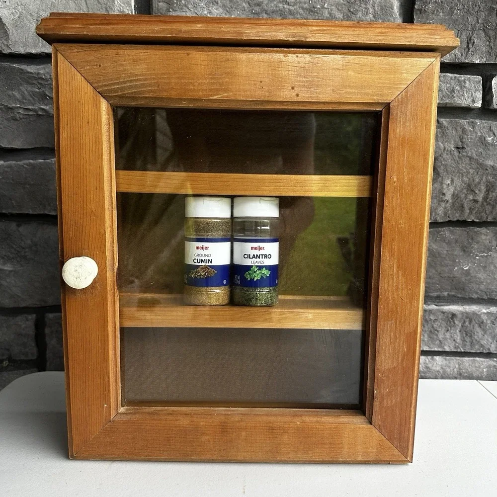 Vintage Wooden Wall Mount Countertop Display Cabinet w/Glass Door Granny Cottage